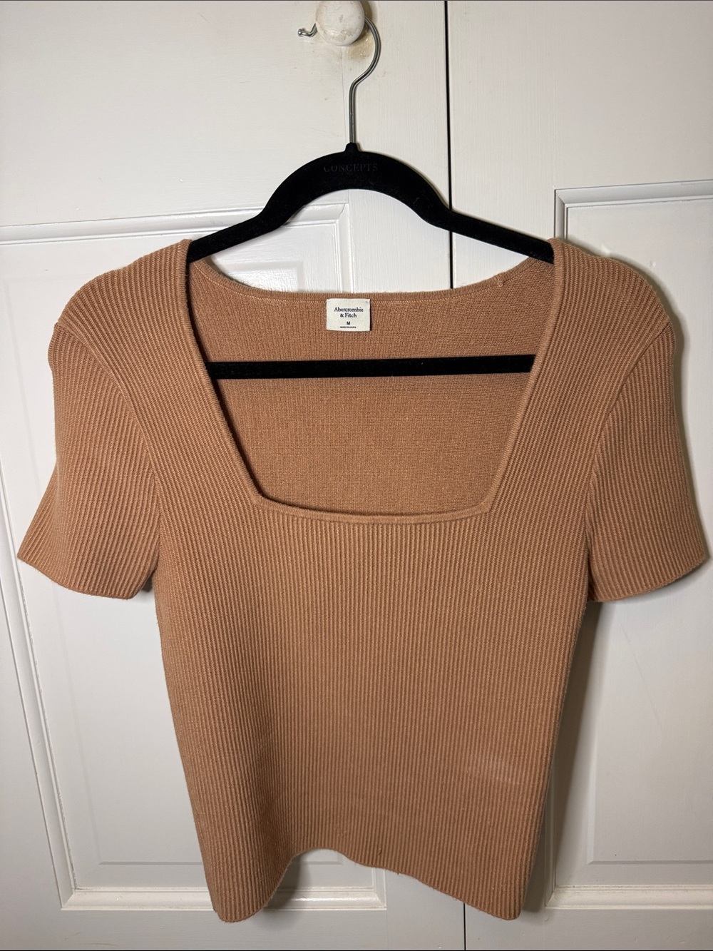 Abercrombie & Fitch Ribbed Square-Neck Short Sleeve Top - Camel Brown